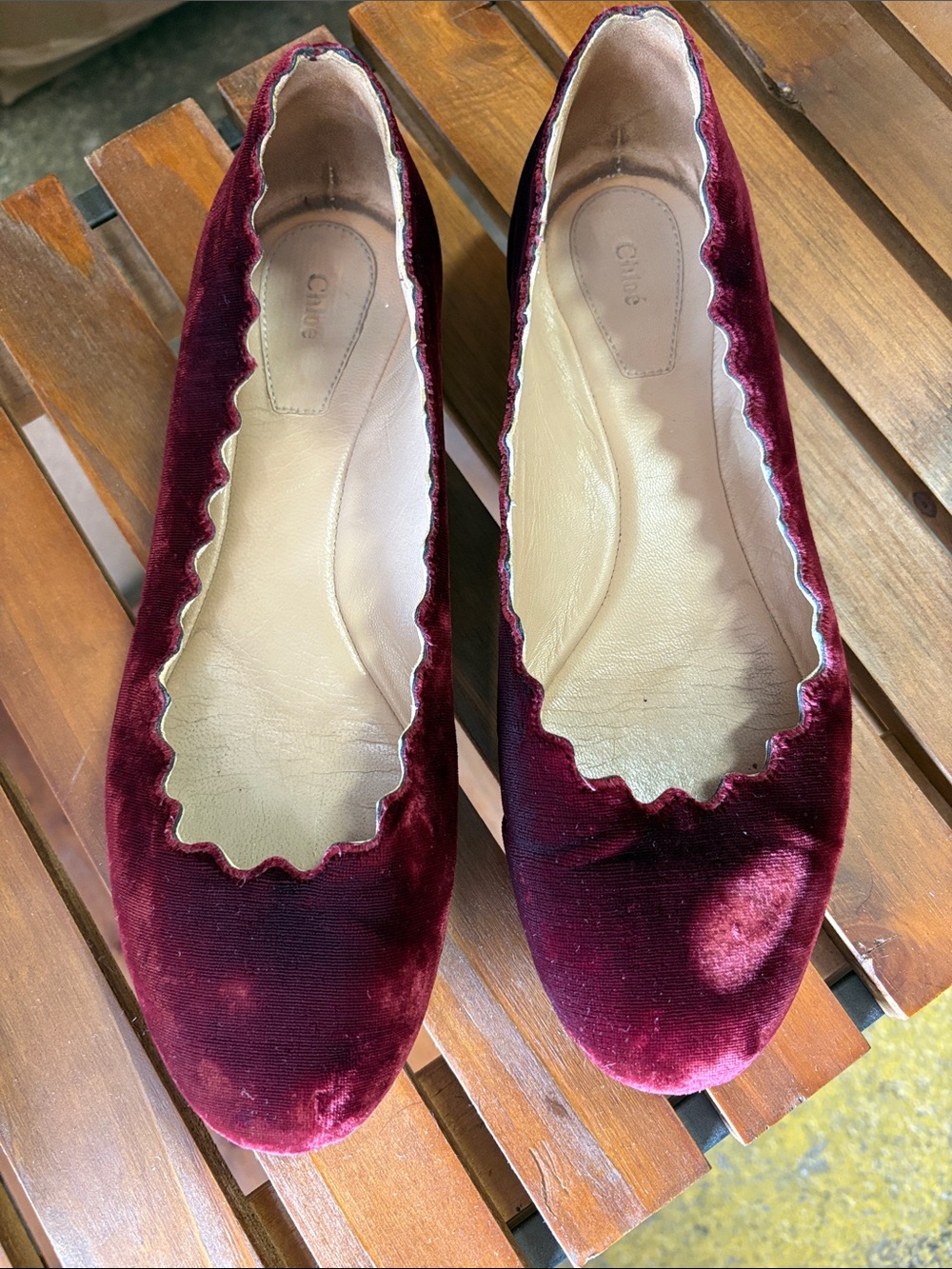 Chloe Wine Velvet Scalloped Ballet Flats